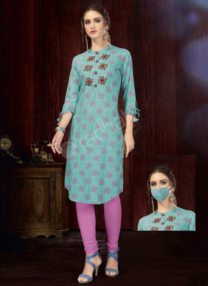 Rukmee Vol 14 Cotton Rayon Embroidered Printed Party Wear Kurti Collection 1450-1459